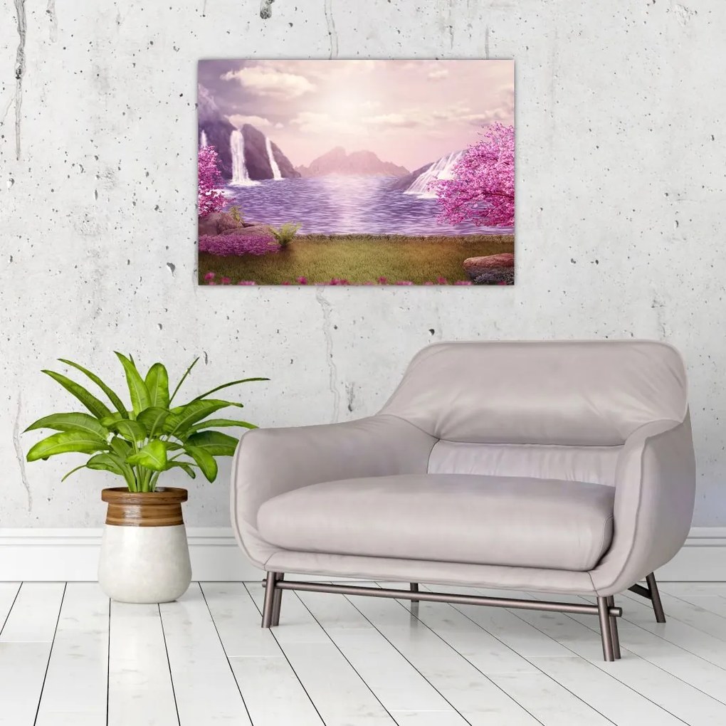 Obraz na szkle - różowe drzewa z jeziorem (70x50 cm)