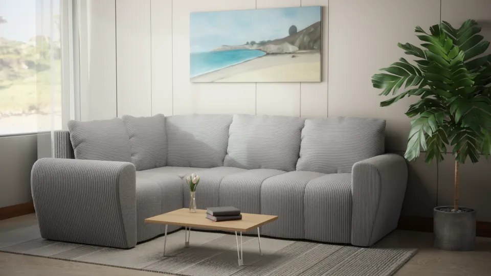 Komfortowa sofa narożna BUENO II z funkcją spania, tapicerowana w niebieskim kolorze, schowek pod siedziskiem