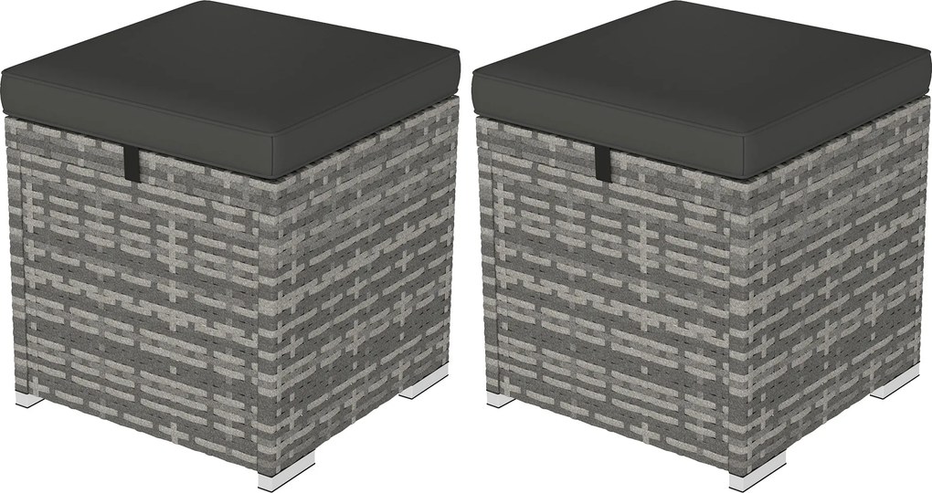 Outsunny Zestaw 2 Stołków Rattanowych z Poduszką, Ukryte Miejsce do Przechowywania, Do 120 kg, 40x40x41 cm, Ciemnoszary