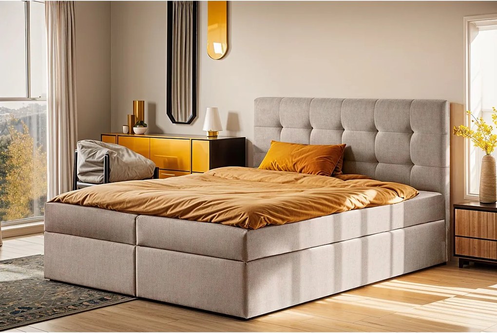 Łóżko kontynentalne z materacem i pojemnikiem LUDANO, tkanina Noel, Zimny beż, 140x200 cm, H3-Bonell