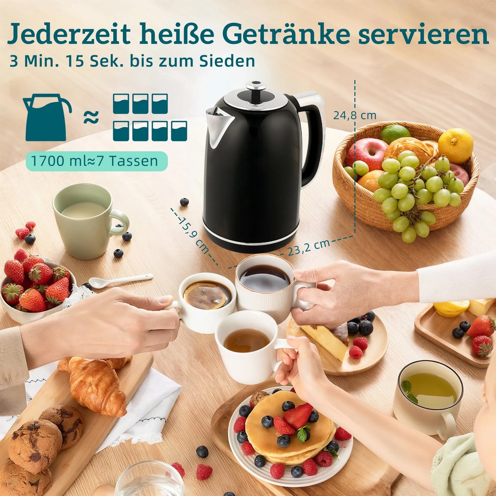 HOMCOM Zestaw czajnik i toster, wyświetlacz LED, 1,7 l, 2200 W, retro design, funkcja pamięci, czarny