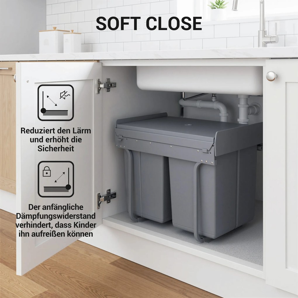 HOMCOM Kosz na śmieci z 3 pojemnikami na odpady do segregacji, system szynowy, wbudowany, zestaw 3 pojemników, Szary