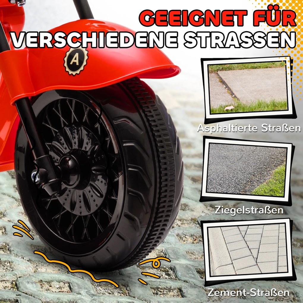 AIYAPLAY Motocykl elektryczny dla dzieci, 3 koła, na baterię 6V, ze światłami i muzyką, dla dzieci w wieku 3-6 lat, Czerwony