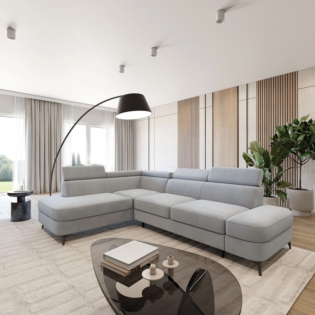 Masseno Narożnik AVISE z funkcją spania i pojemnikiem na pościel Narozniki L, Rozkładana sofa - Jasnoszary, MATT VELVET 83