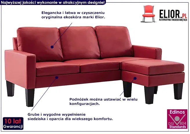 3-osobowa sofa z ekoskóry z podnóżkiem winna czerwień - Lencor 4Q