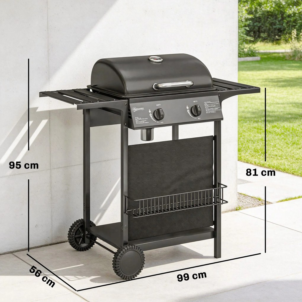 Outsunny Grill gazowy 5 kW, 2 palniki, BBQ Grill ze stali nierdzewnej z bocznymi stolikami, dolną półką, przednią osłoną i emaliowanym rusztem | Aosom PL