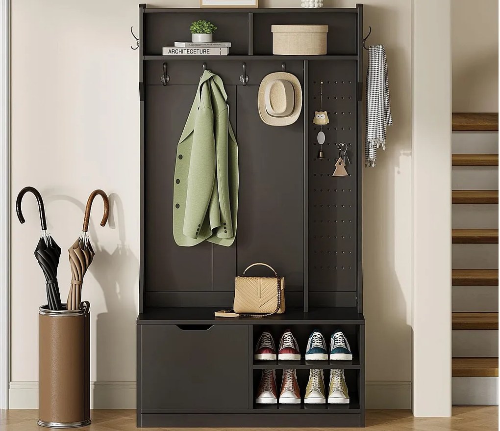Nowoczesna szafa na przedpokoju 100x40x185.4cm - z 6 hakami i 1 drzwiami - z 4 otwartymi półkami - Czarny