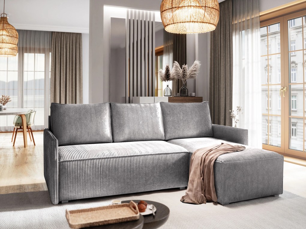 Masseno Narożnik PERUSI z funkcją spania i pojemnikiem na pościel Narozniki L, Rozkładana sofa - Jasnoszary, POSO 55