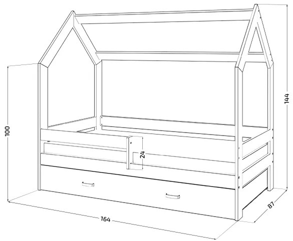 Łóżko dziecięce DOMEK D3, 80 x 160 cm, sosna Stelaż: Ze stelażem listwowym rolowanym elastycznym, Materac: Materac EASYSOFT 10 cm, Pojemnik pod łóżko: Z białym pojemnikiem pod łóżko