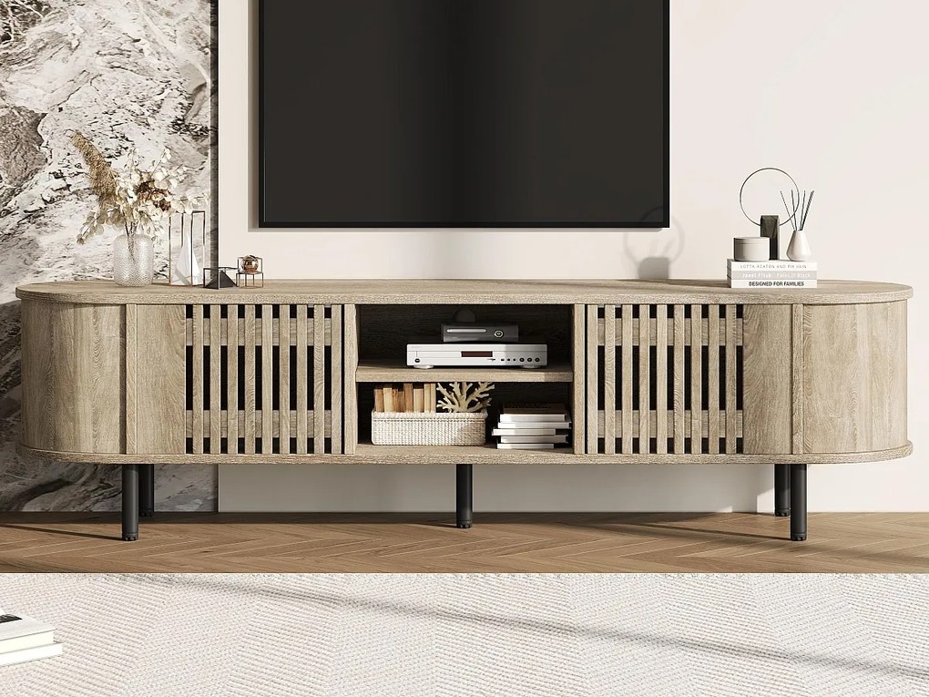 Meble TV 160x40x47 cm - z 2 drzwiami - Półotwarte przechowywanie - Wzór ażurowy - Nogi metalowe - MDF - Kolor naturalny