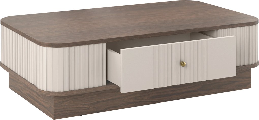 Stolik kawowy Vesper 103x60 cm z szufladą na cokole - kaszmir / orzech / złoty uchwyt