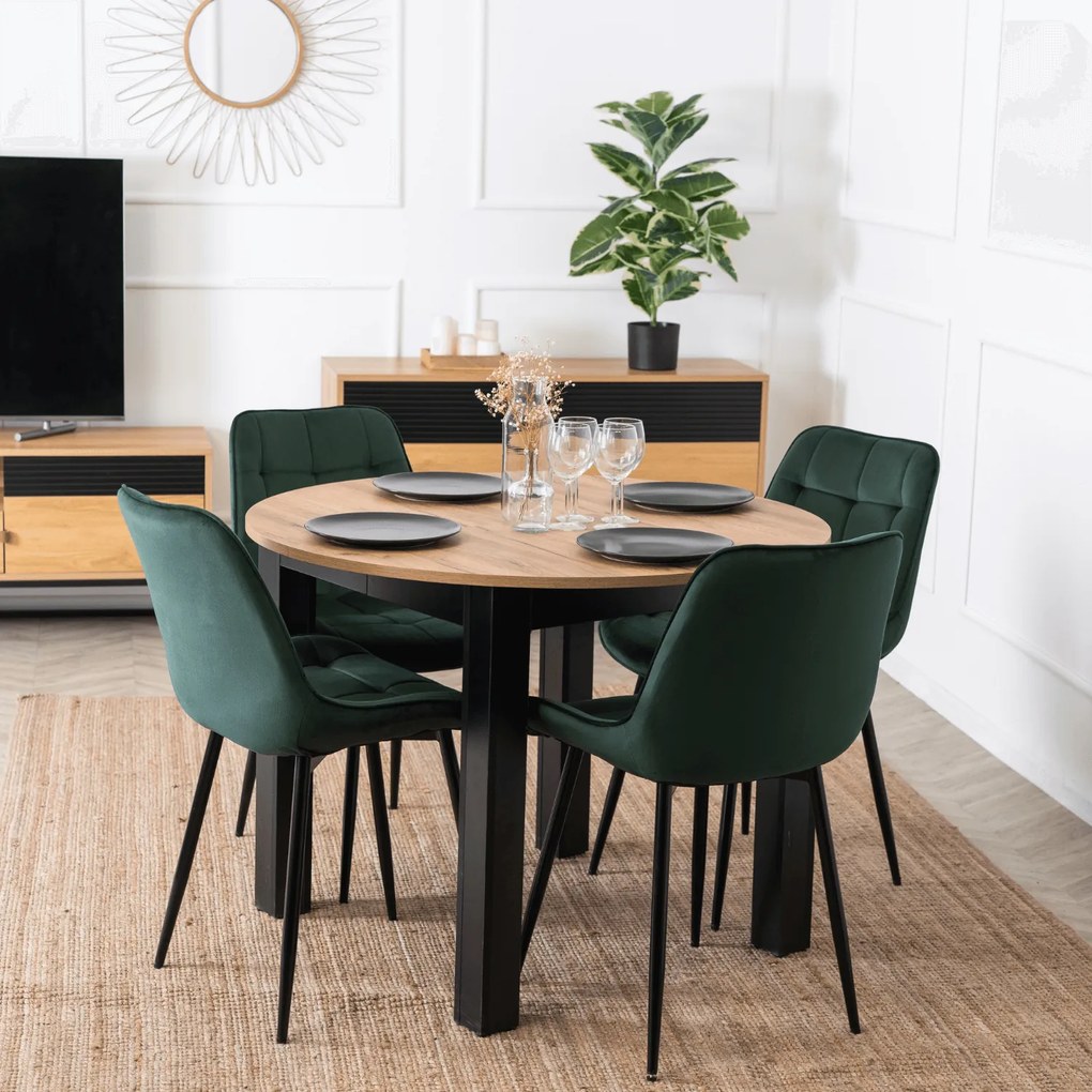 Zestaw Stół Okrągły Rozkładany HARRY 102-142 cm Dąb Craft/Czarny i 4 Krzesła Tapicerowane CHRIS Zielone Nowoczesne
