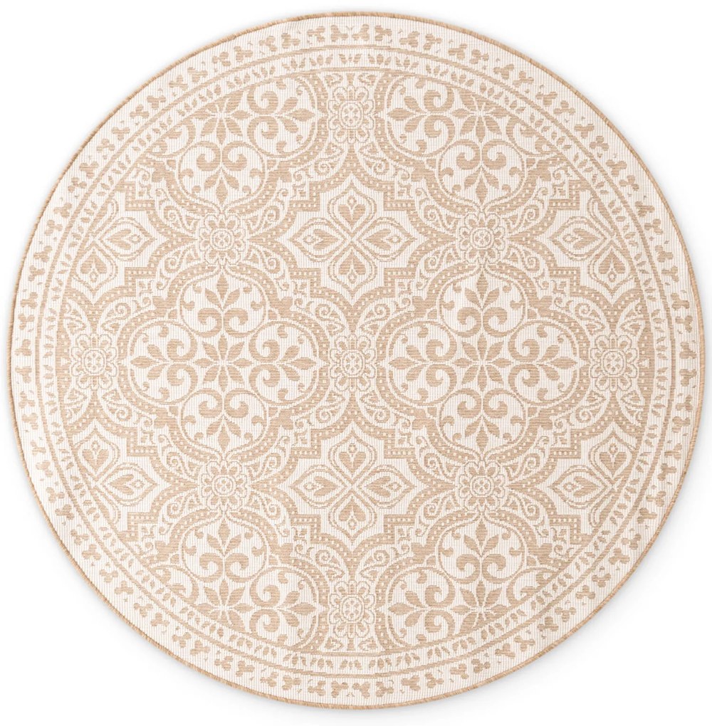 Dywan zewnętrzny dwustronny Duet Ornament beżowo-kremowy 160 cm x 160 cm koło