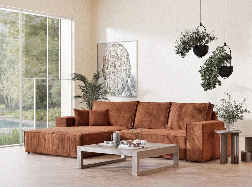 Rozkładany narożnik ze schowkiem z tkaniny szenilowej (lewostronny/z szezlongiem) w kolorze miedzi Maze – Maison de Rêve