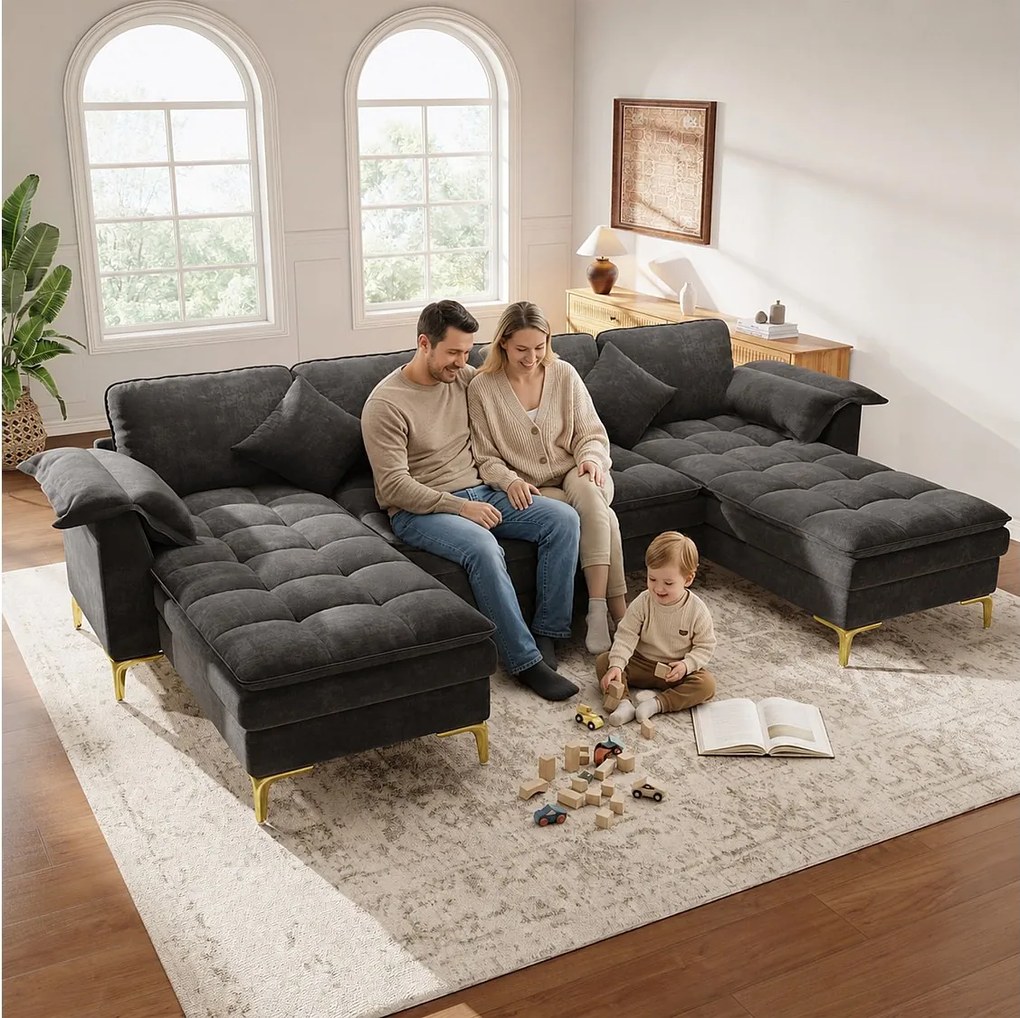 Modułowa sofa narożna U/L 6-osobowa z 2 pufami ze schowkiem i konsolą centralną USB/Type-C - Chenille - 316 x 140 x 84,5 cm - Szara
