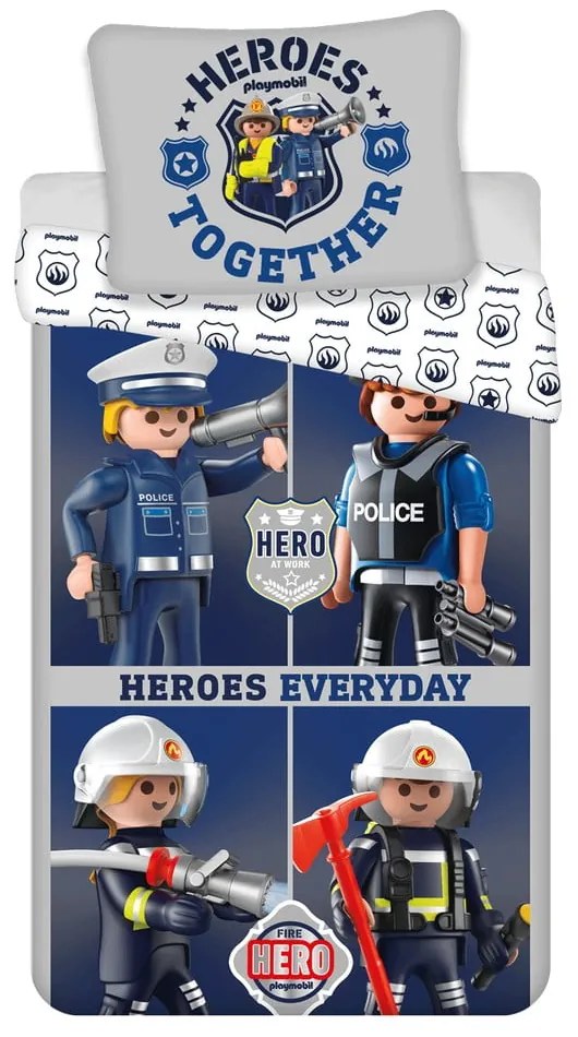 Niebieska/szara bawełniana pościel dziecięca jednoosobowa 140x200 cm Playmobil – Jerry Fabrics