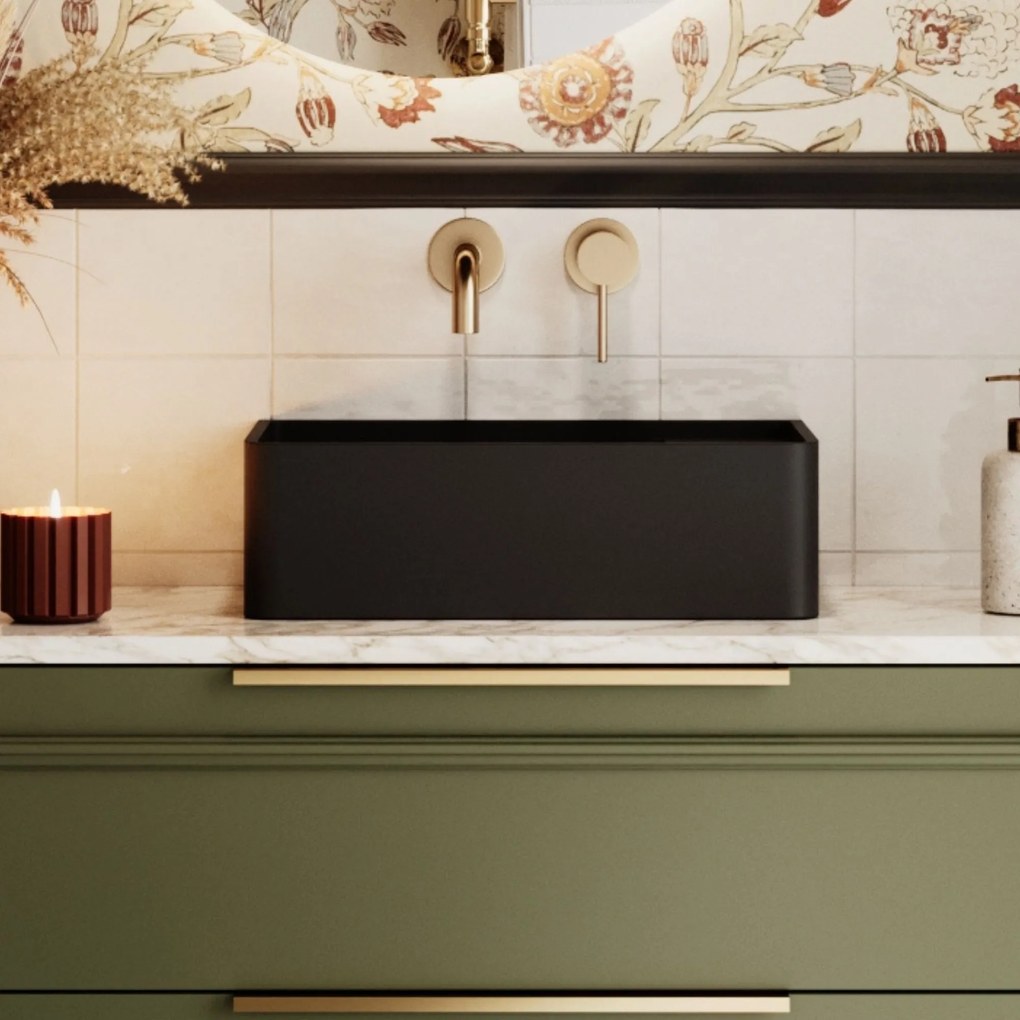 Umywalka z kamienia syntetycznego nablatowa / wisząca prostokątna czarna 43 cm x 25 cm EVELIA Black : Otwór na baterię - Nie, Typ montażu - nablatowa