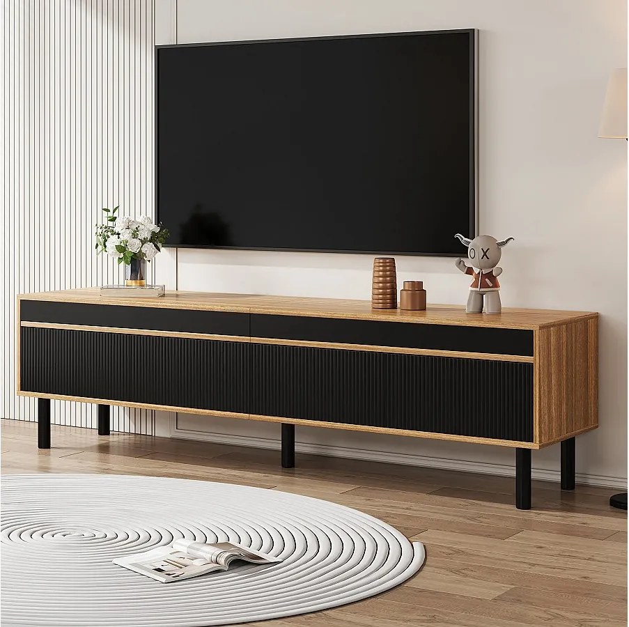 Stojak pod telewizor 170 cm z 4 czarnymi, paskowanymi drzwiami i drewnianymi nogami, blat z drewna - do salonów i biur