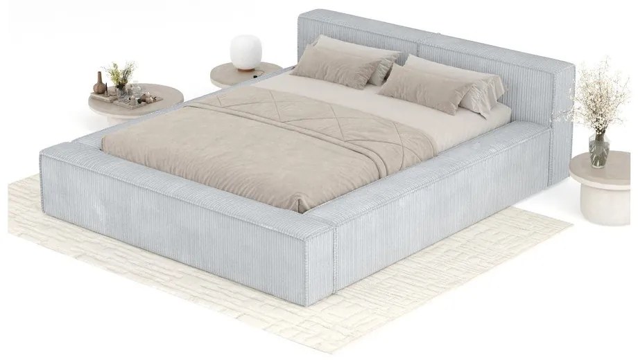 Jasnoszare tapicerowane łóżko dwuosobowe ze schowkiem ze stelażem 160x200 cm Voliera – Maison de Rêve
