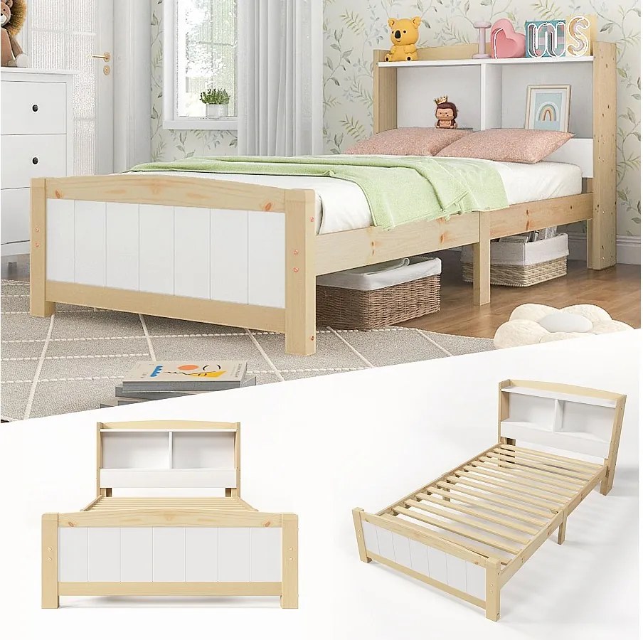 Łóżko dziecięce 90 x 200 cm z zagłówkiem i schowkiem - lite drewno - naturalny + biały