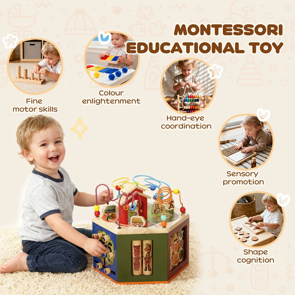 AIYAPLAY Kostka motoryczna, 8 w 1 kostka aktywności z pętlą motoryczną, labirynt z koralikami, 41,5 x 37,5 x 37,5 cm, Wielobarwny