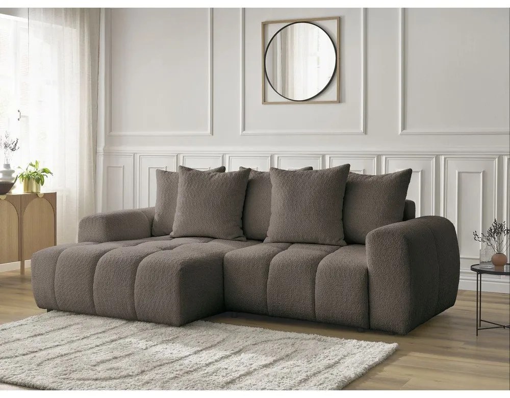 Brązowy rozkładany narożnik z materiału bouclé ze schowkiem (lewostronny/z szezlongiem) Roxelane – Bobochic Paris