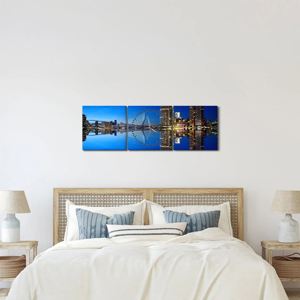 Zdjęcie - Rotterdam nocą (z zegarem) (90x30 cm)