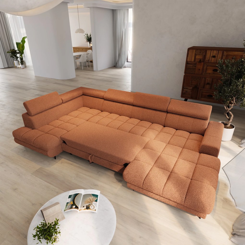 Masseno Narożnik CORENO z funkcją spania i pojemnikiem na pościel Narozniki U, Rozkładana sofa - Miedziany, QUELLE 54