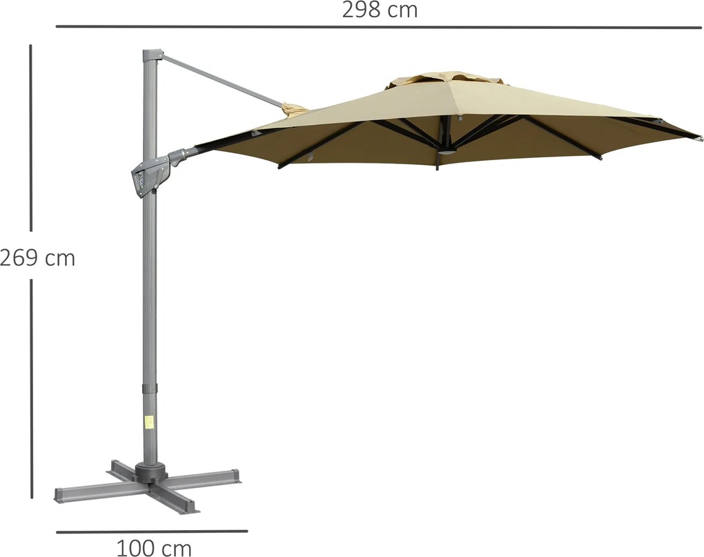 Outsunny parasol ogrodowy z korbką Ø300 cm wiszący ochrona UV regulowany kąt nachylenia aluminiowy khaki do ogrodu tarasu | Aosom PL