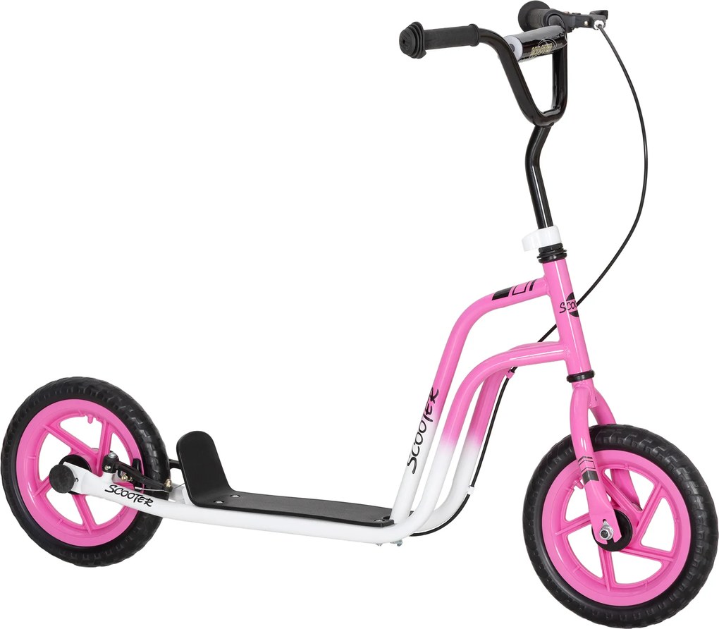 AIYAPLAY Hulajnoga dziecięca z regulowaną kierownicą, dużymi kołami, stojakiem do parkowania, hamulcem ręcznym, dla dzieci w wieku 5-12 lat, różowa