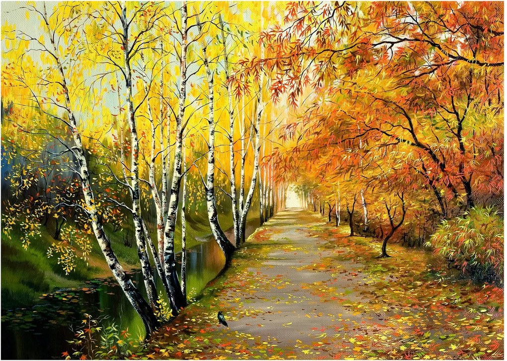 Obraz na szkle - Romantyczna aleja wzdłuż wody, obraz olejny (70x50 cm)