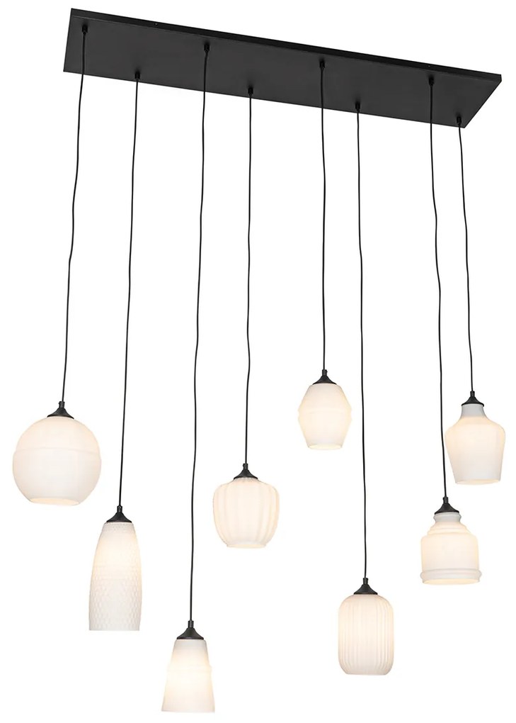 Lampa wisząca w stylu art deco czarna z opalowym szkłem 8-światłowa - Hanne ArtDeco Oswietlenie wewnetrzne