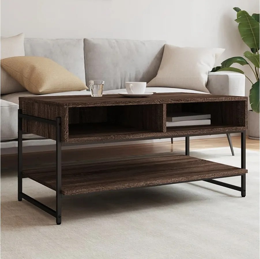 Brązowy stół kawowy z dębu z miejscem na przechowywanie i regulowanymi nogami z drewna inżynieryjnego o wymiarach 90x50x45 cm