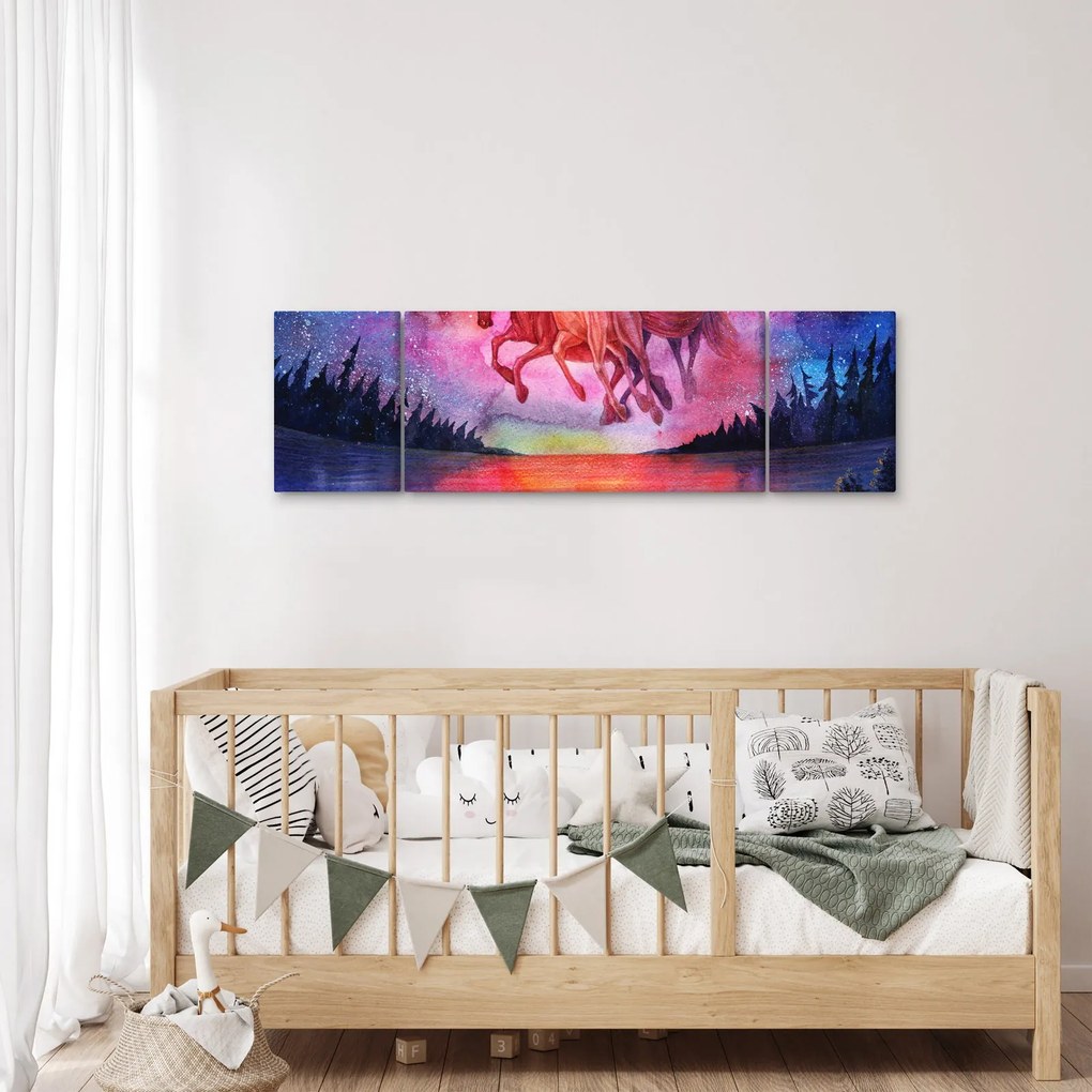 Obraz - Pojawienie się kosmicznych koni nad jeziorem, akwarela (170x50 cm)