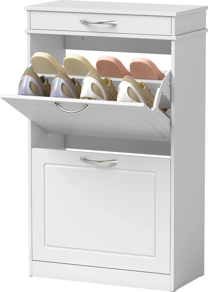 HOMCOM Szafka na buty na 8 par, wąska szafka z szufladą i 2 klapkami oraz regulowaną przegrodą, biały | Aosom PL