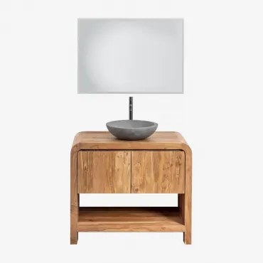 Zestaw Mebli Łazienkowych Z Drewna Vacry Akacja Brąz & Okrągły Szary Cement Ø40 Cm Tarsis & Prostokątna Lampa Led - Sklum