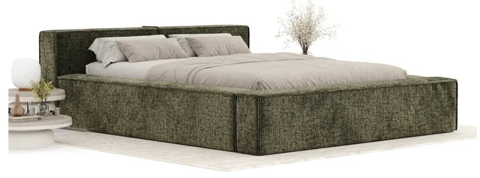 Ciemnozielone tapicerowane łóżko dwuosobowe ze schowkiem i stelażem 160x200 cm Voliera – Maison de Rêve