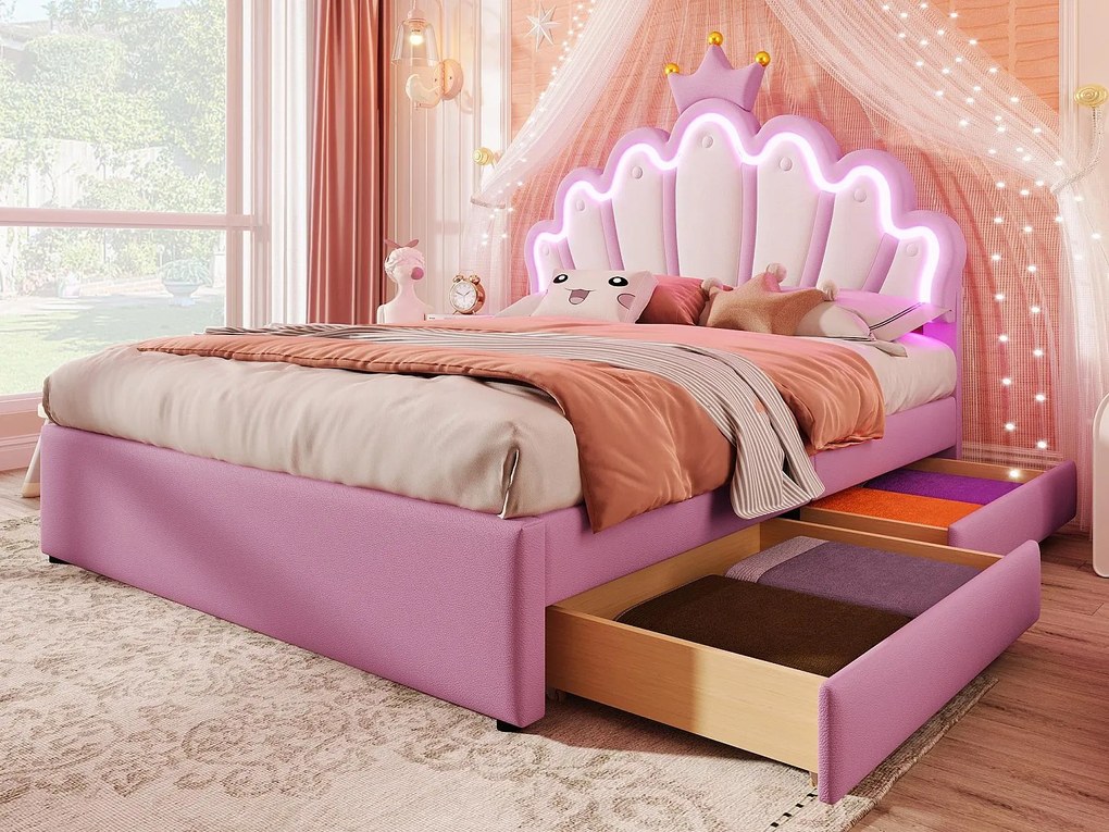 Łóżko dziecięce tapicerowane 140x200 cm - z LED i 2 szufladami - Różowe