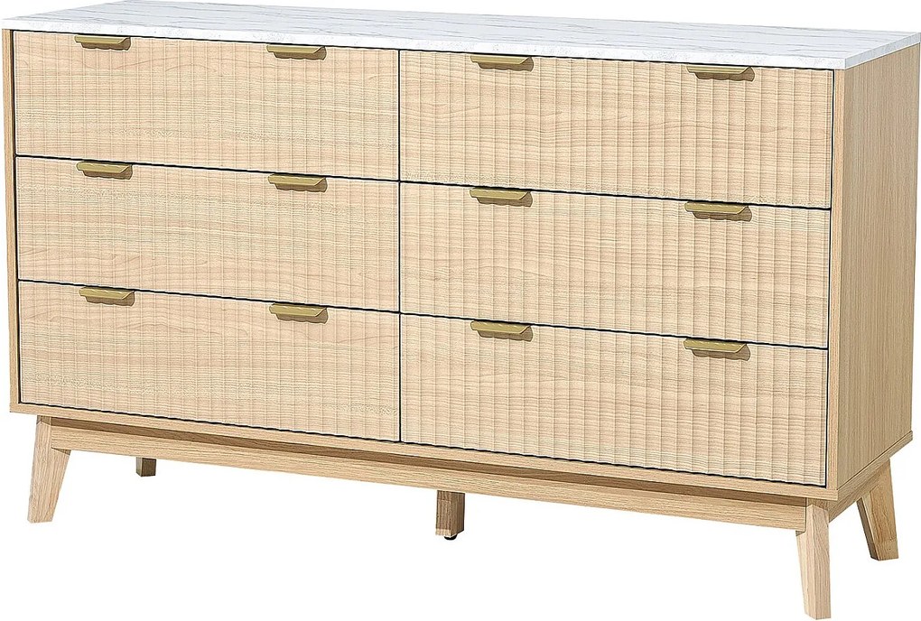Komoda SucceBuy z 6 Szufladami, Drewniana Szafka z Systemem Przesuwnym i Antypoślizgowym, Nowoczesny Styl Minimalistyczny, Jasne Drewno