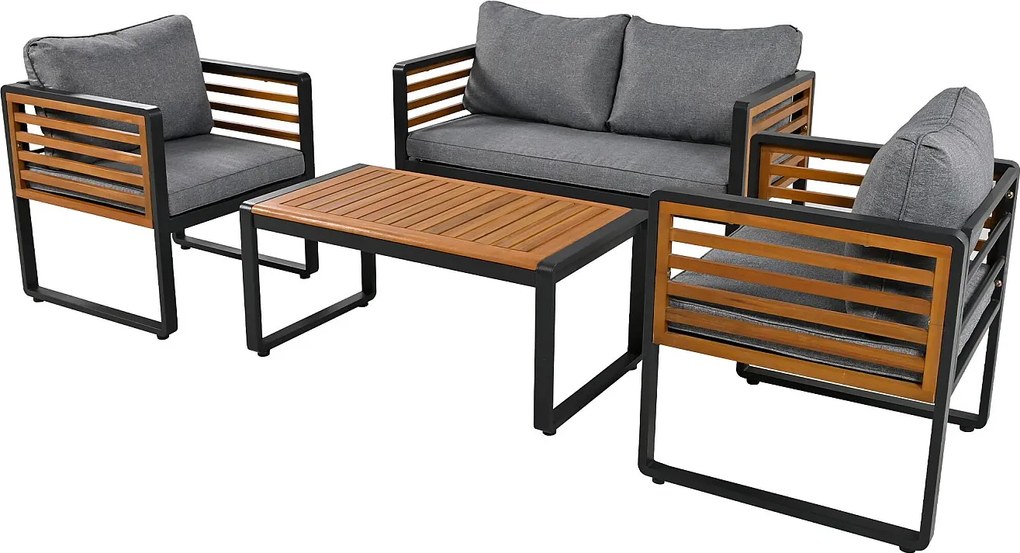 Zestaw mebli ogrodowych - sofa 2-osobowa + 2 fotele + stolik kawowy prostokątny - poduszki siedziska i oparcia - żelazo i drewno - brąz i szarość