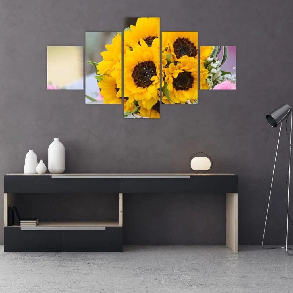 Obraz bukietu ślubnego ze słoneczników (125x70 cm)