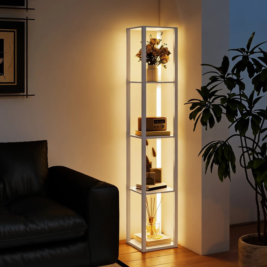 HOMCOM Lampa stojąca LED z półkami, nowoczesna ściemniana lampa stojąca z 3 poziomami jasności i przełącznikiem nożnym, biały | Aosom PL