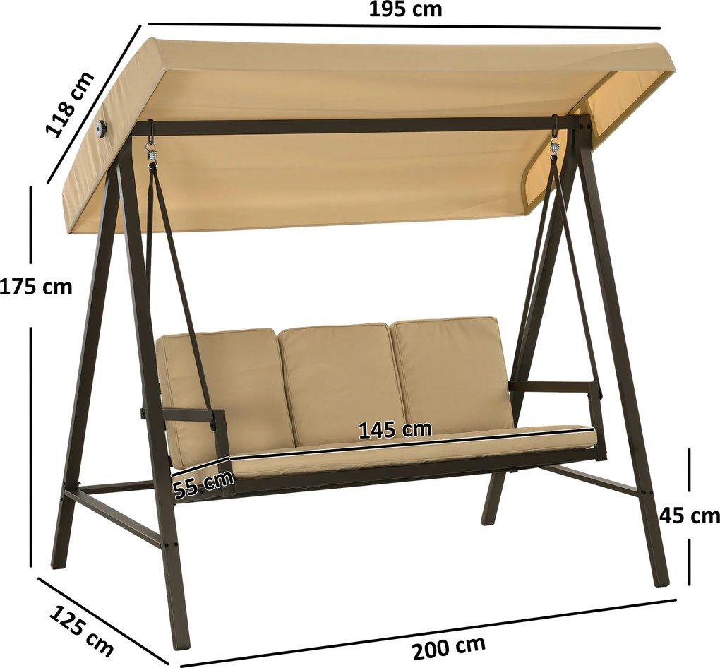 Outsunny Huśtawka Ogrodowa 3-osobowa z Regulowanym Daszkiem Beżowa 200x125x175cm | Aosom PL