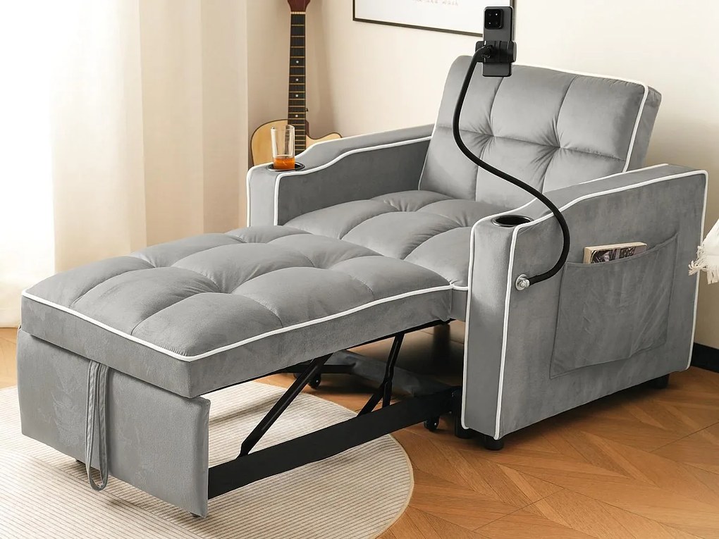 Fotel rozkładany z weluru - z uchwytem na kubek + uchwytem na telefon komórkowy - Jasnoszary