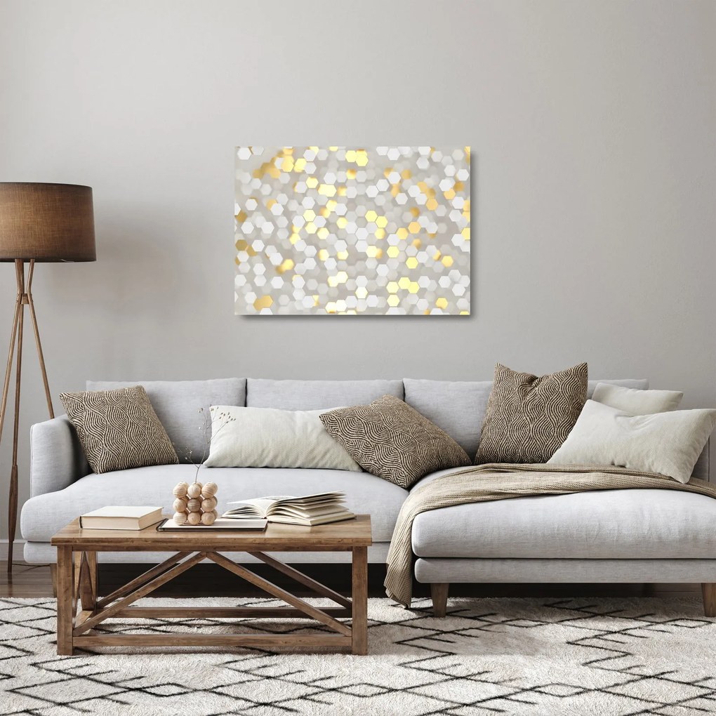 Obraz na szkle - Złoto - białe sześciokąty (70x50 cm)