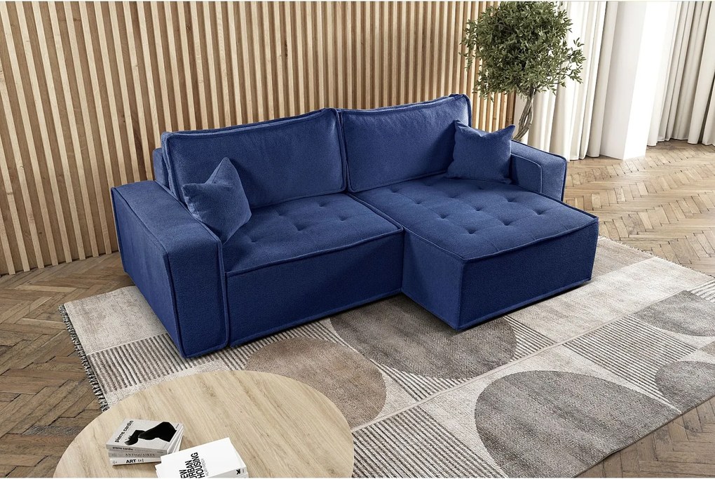 Narożnik z funkcją spania w kształcie L Bohoo, tkanina Raven, Niebieski, Prawy