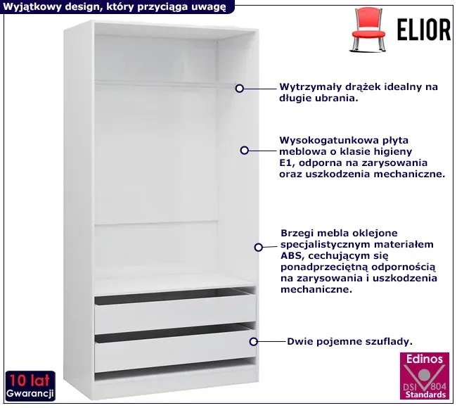 Biała szafa w połysku z drążkiem i szufladami - Uxaro 3X