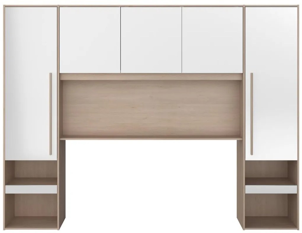 Zabudowa wokół łóżka ze schowkami - Z oświetleniem LED - szer. 265 cm - Biały z połyskiem i naturalny - VELONA