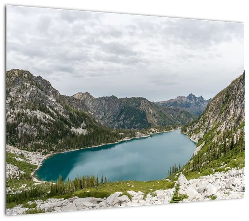 Obraz na szkle jeziora w górach (70x50 cm)