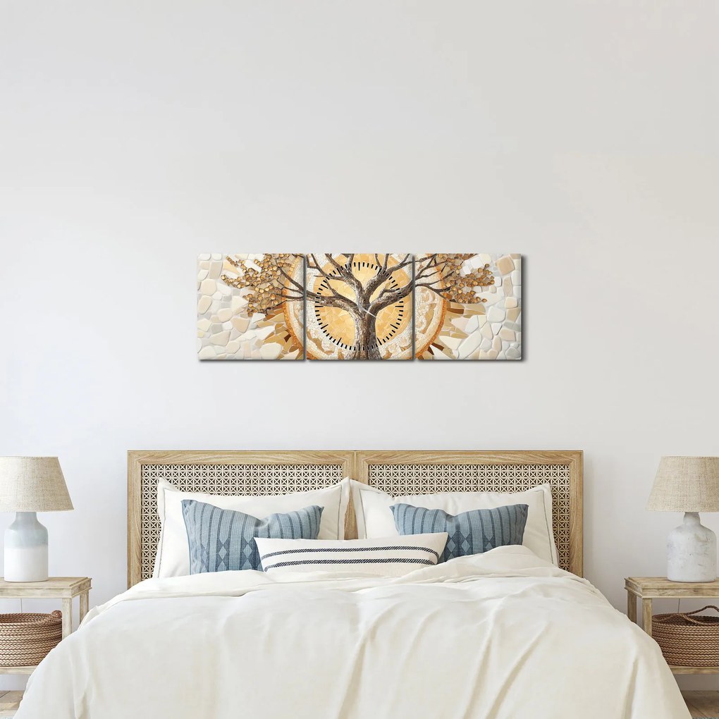 Obraz – Złote drzewo życia w mozaice (z zegarem) (90x30 cm)
